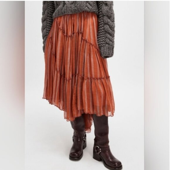 Free People One Ember Boho Asymmetrical High Low Midi Brown Skirt size L - Picture 1 of 6